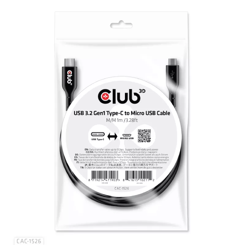 CLUB3D USB 3.2 Gen1 Type-C į Micro USB kabelis M/M 1 m /3.28 pėd.