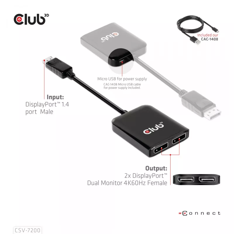 MST šakotuvas DisplayPort 1.4 į DisplayPort + HDMI 4K60Hz CLUB3D CSV-7220