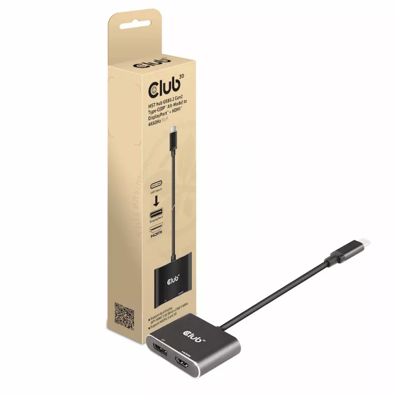 CLUB3D MST šakotuvas USB3.2 Gen2 Type-C(DP Alt-Mode) į DisplayPort + HDMI 4K60Hz M/F
