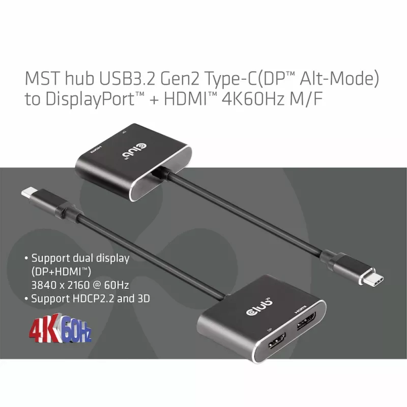 CLUB3D MST šakotuvas USB3.2 Gen2 Type-C(DP Alt-Mode) į DisplayPort + HDMI 4K60Hz M/F