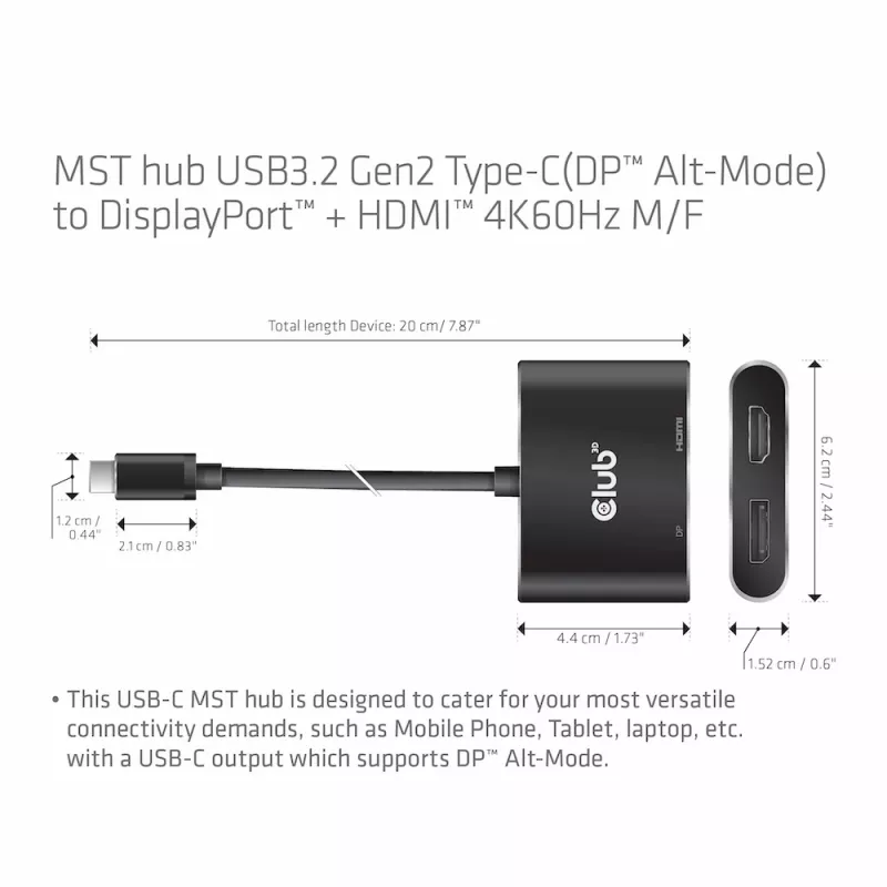 CLUB3D MST šakotuvas USB3.2 Gen2 Type-C(DP Alt-Mode) į DisplayPort + HDMI 4K60Hz M/F