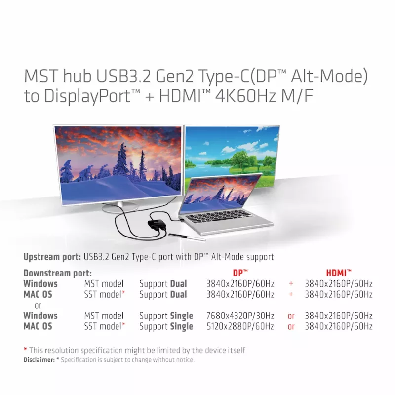 CLUB3D MST šakotuvas USB3.2 Gen2 Type-C(DP Alt-Mode) į DisplayPort + HDMI 4K60Hz M/F