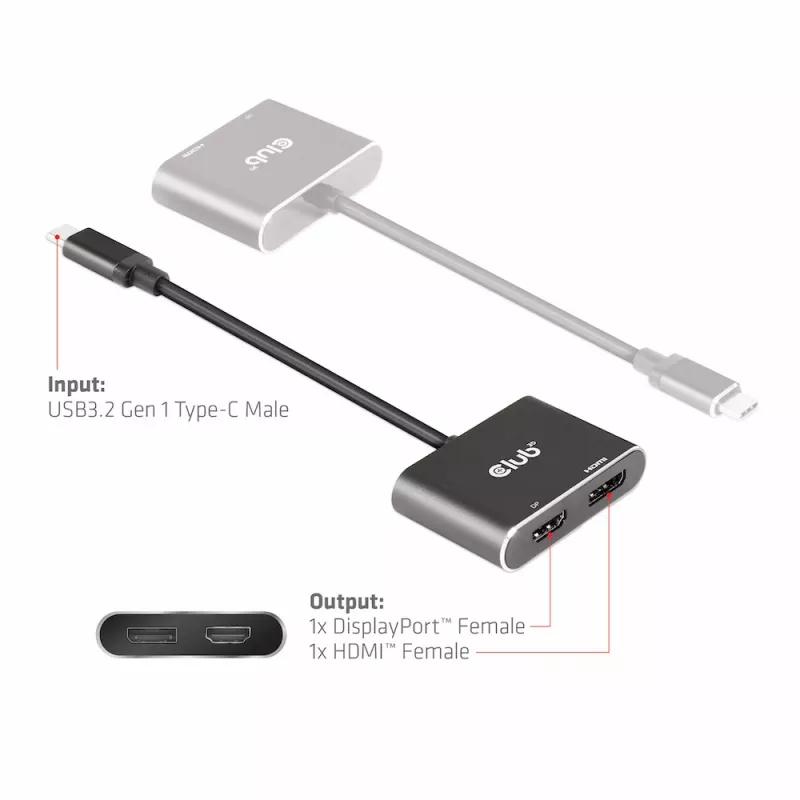 CLUB3D MST šakotuvas USB3.2 Gen2 Type-C(DP Alt-Mode) į DisplayPort + HDMI 4K60Hz M/F