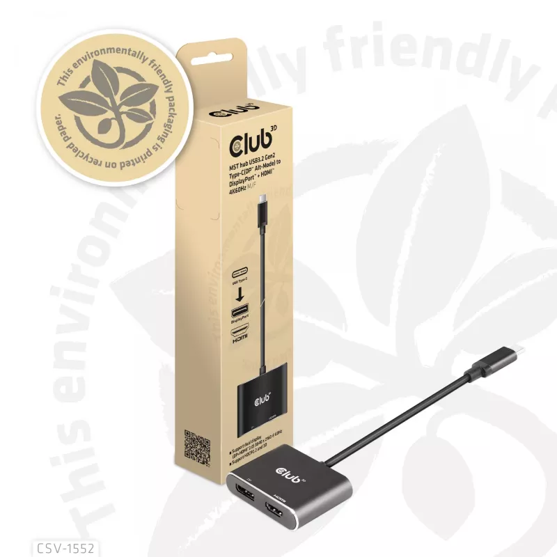 CLUB3D MST šakotuvas USB3.2 Gen2 Type-C(DP Alt-Mode) į DisplayPort + HDMI 4K60Hz M/F