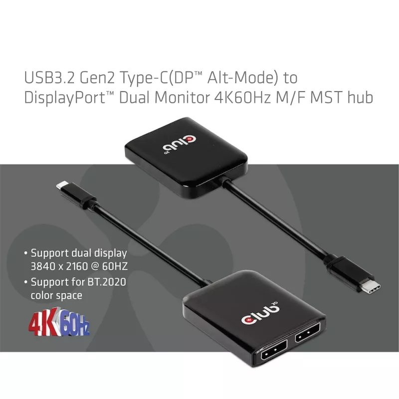 CLUB3D USB3.2 Gen2 Type-C(DP™ Alt-Mode) – DisplayPort™ dviejų monitorių 4K60Hz M/F MST šakotuvas
