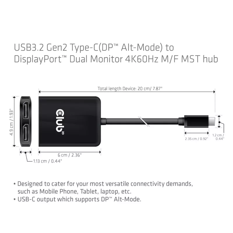 CLUB3D USB3.2 Gen2 Type-C(DP™ Alt-Mode) – DisplayPort™ dviejų monitorių 4K60Hz M/F MST šakotuvas