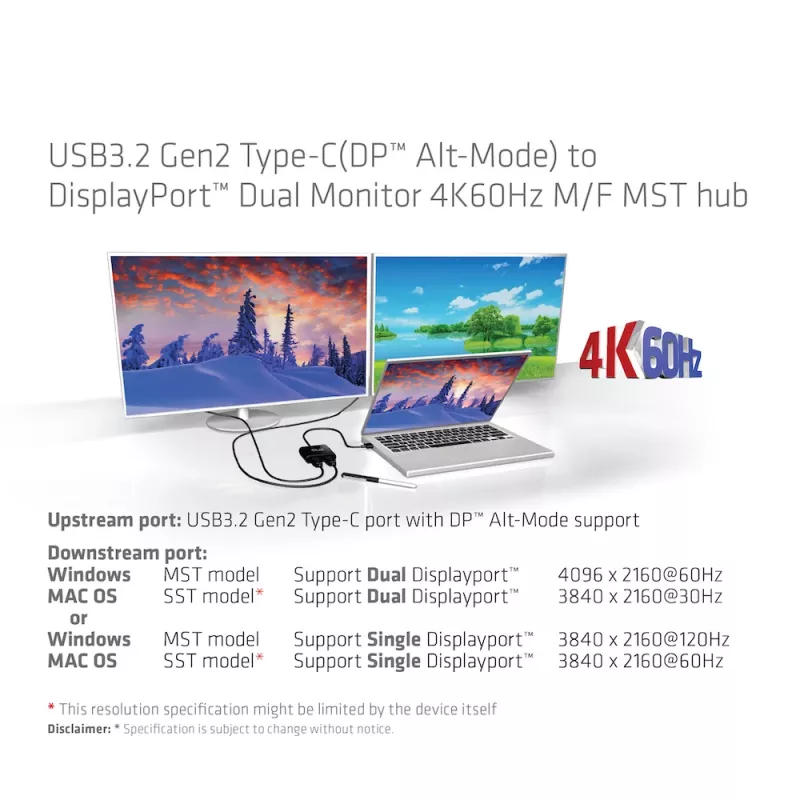 CLUB3D USB3.2 Gen2 Type-C(DP™ Alt-Mode) – DisplayPort™ dviejų monitorių 4K60Hz M/F MST šakotuvas
