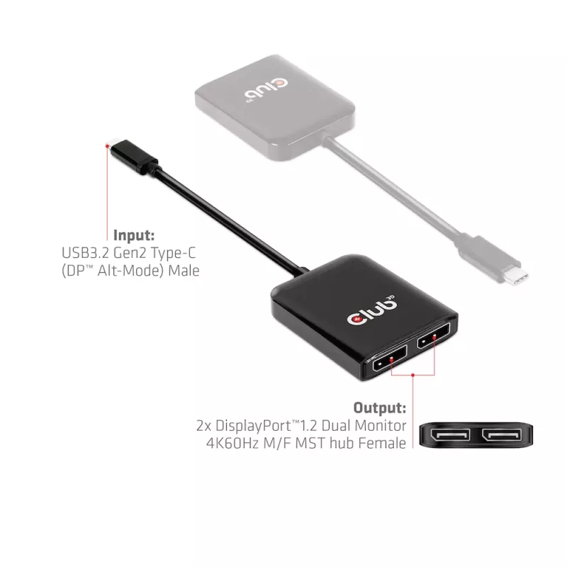 CLUB3D USB3.2 Gen2 Type-C(DP™ Alt-Mode) – DisplayPort™ dviejų monitorių 4K60Hz M/F MST šakotuvas
