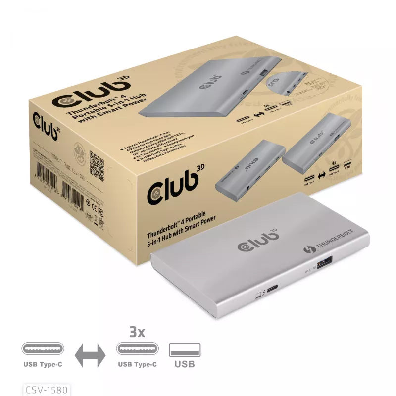 CLUB3D sertifikuotas Thunderbolt™4 nešiojamas 5-in-1 centras su išmaniuoju maitinimu