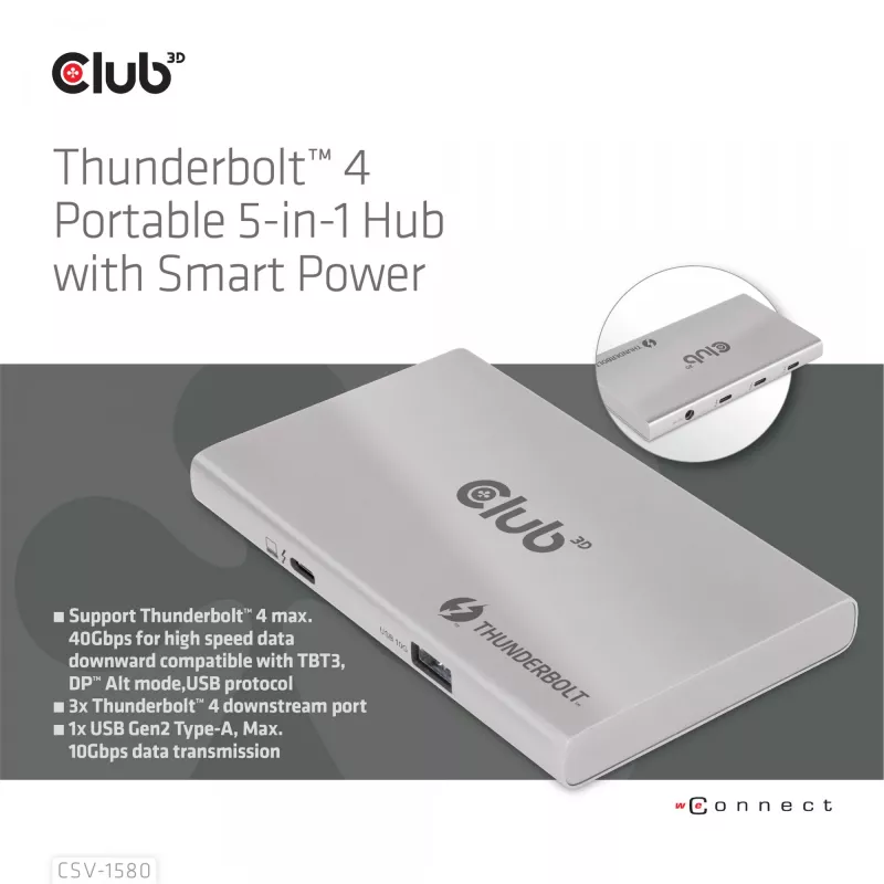 CLUB3D sertifikuotas Thunderbolt™4 nešiojamas 5-in-1 centras su išmaniuoju maitinimu