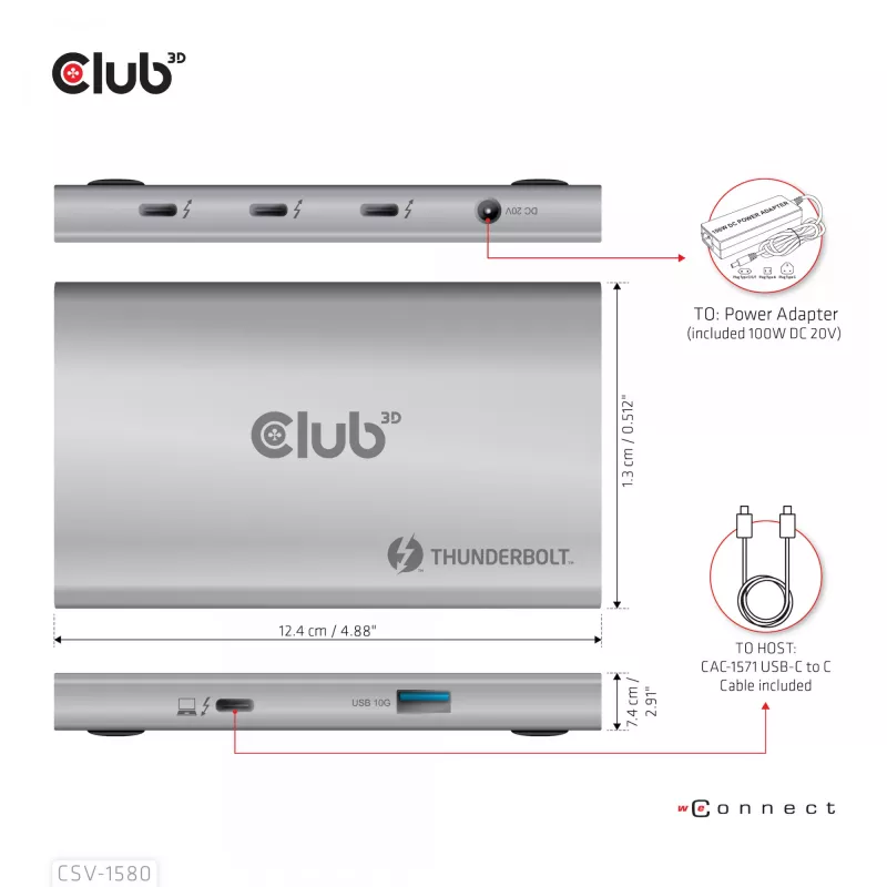 CLUB3D sertifikuotas Thunderbolt™4 nešiojamas 5-in-1 centras su išmaniuoju maitinimu