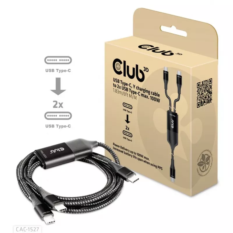 CLUB3D USB Type-C, Y įkrovimo laidas su 2x USB Type-C, iki 100 W, 1,83 m/6 pėd. M/M