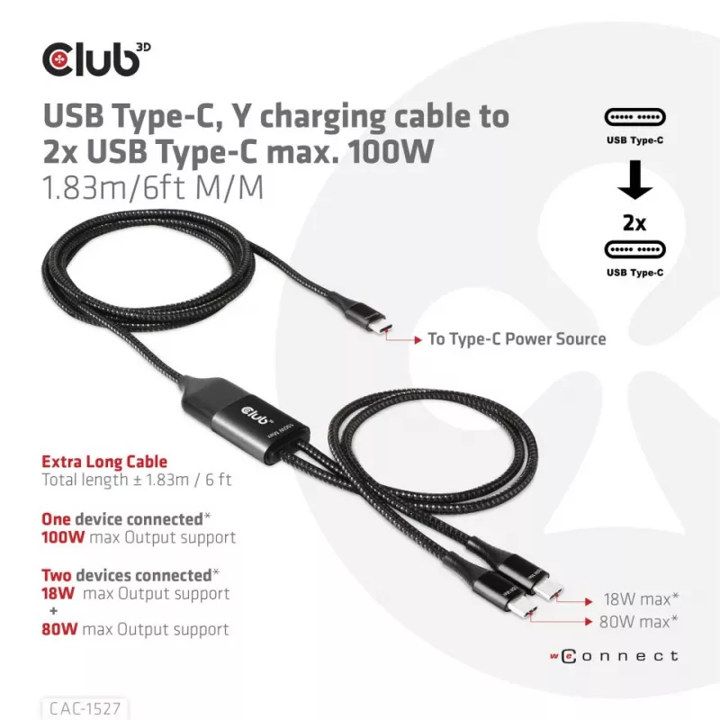 CLUB3D USB Type-C, Y įkrovimo laidas su 2x USB Type-C, iki 100 W, 1,83 m/6 pėd. M/M
