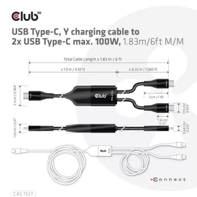 CLUB3D USB Type-C, Y įkrovimo laidas su 2x USB Type-C, iki 100 W, 1,83 m/6 pėd. M/M