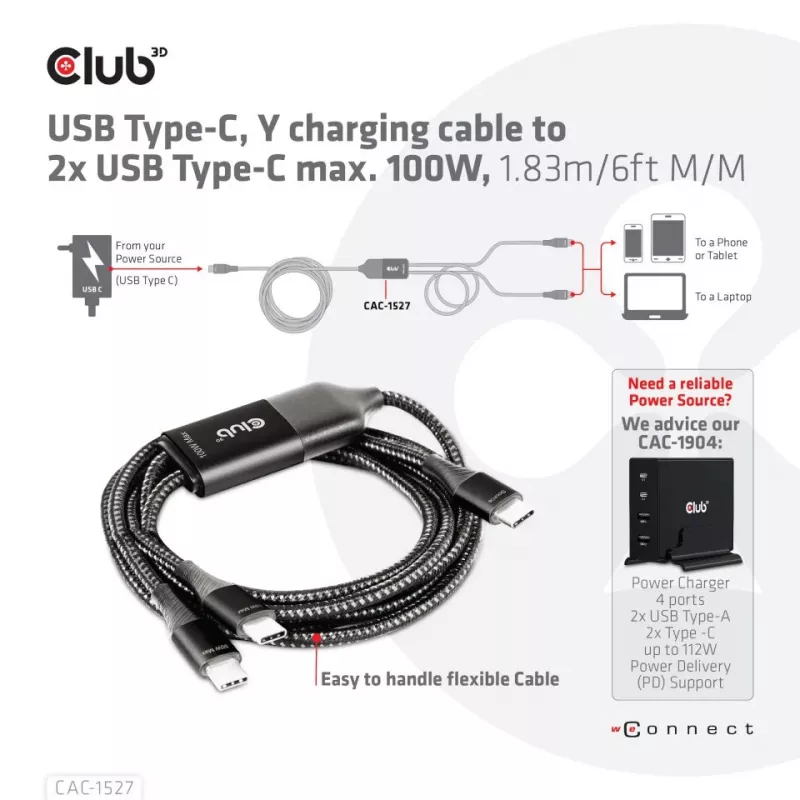 CLUB3D USB Type-C, Y įkrovimo laidas su 2x USB Type-C, iki 100 W, 1,83 m/6 pėd. M/M