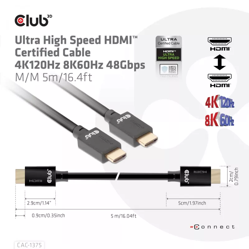 CLUB3D Ultra High Speed HDMI™ sertifikuotas kabelis 4K120Hz 8K60Hz 48Gbps M/M 5m/16.4ft