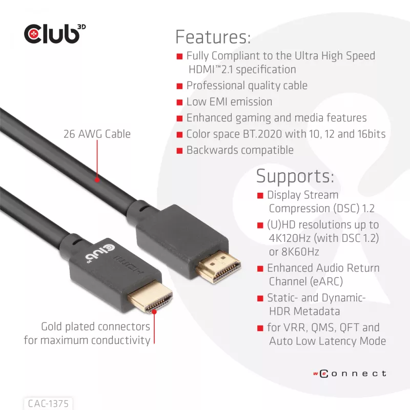 CLUB3D Ultra High Speed HDMI™ sertifikuotas kabelis 4K120Hz 8K60Hz 48Gbps M/M 5m/16.4ft
