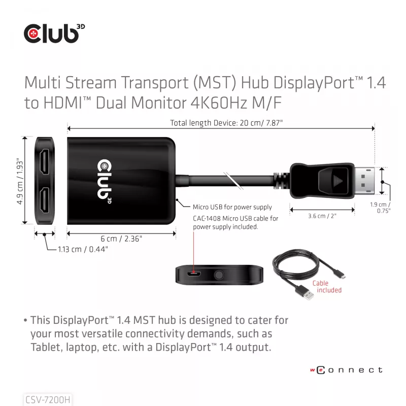 CLUB3D MST šakotuvas DisplayPort 1.4 į HDMI dviejų monitorių 4K60Hz M/F