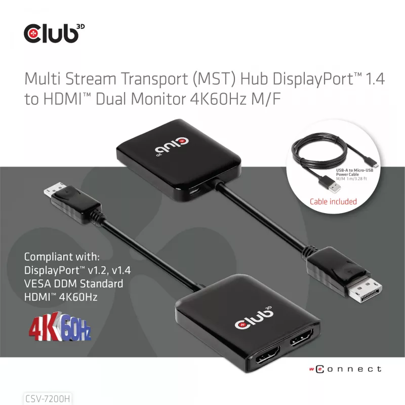 CLUB3D MST šakotuvas DisplayPort 1.4 į HDMI dviejų monitorių 4K60Hz M/F