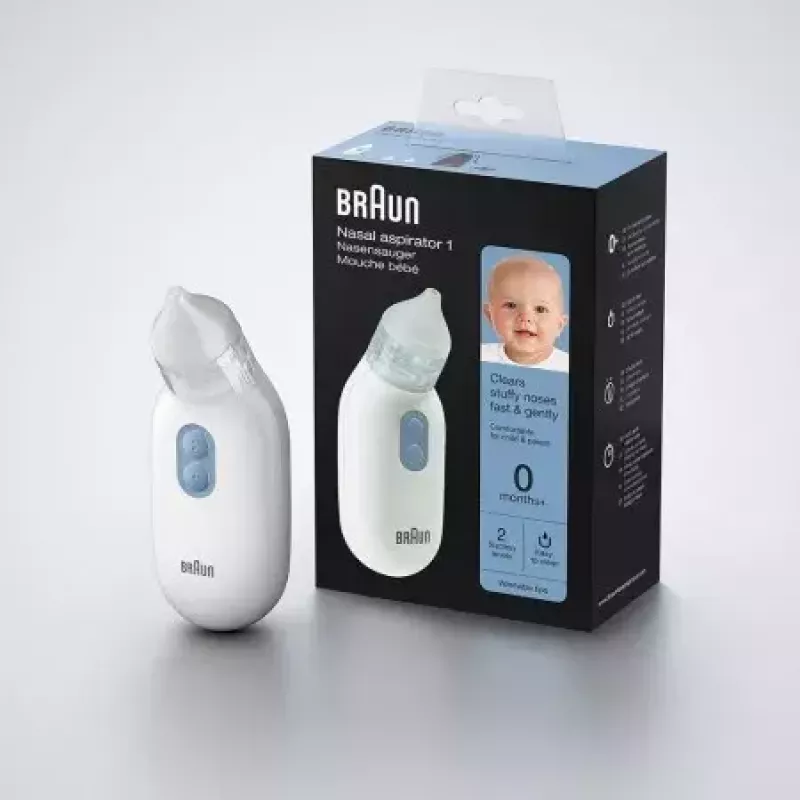 Elektrinis nosies aspiratorius BRAUN BNA 100 — maitinamas baterijomis, reguliuojamas siurbimas, nuimami antgaliai, baltas