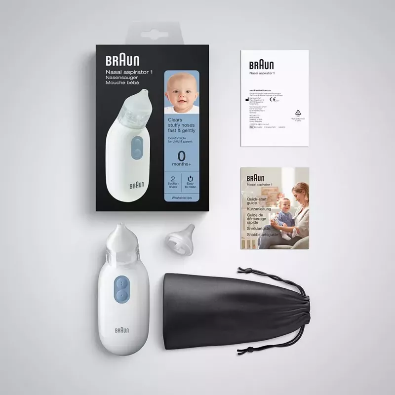 Elektrinis nosies aspiratorius BRAUN BNA 100 — maitinamas baterijomis, reguliuojamas siurbimas, nuimami antgaliai, baltas
