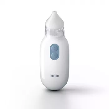 Elektrinis nosies aspiratorius BRAUN BNA 100 — maitinamas baterijomis, reguliuojamas siurbimas, nuimami antgaliai, baltas