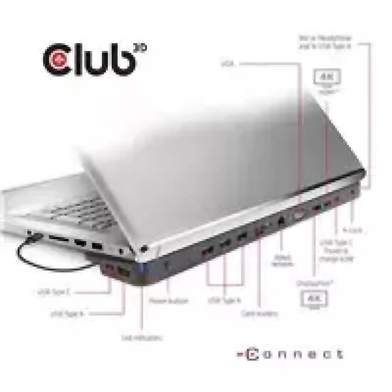 CLUB3D UNIVERSAL USB Gen1 Type-C Triple Display Dynamic PD Įkrovimo Stotelė su 65 W maitinimo šaltiniu (VGA, HDMI, DP, ETHERNET)