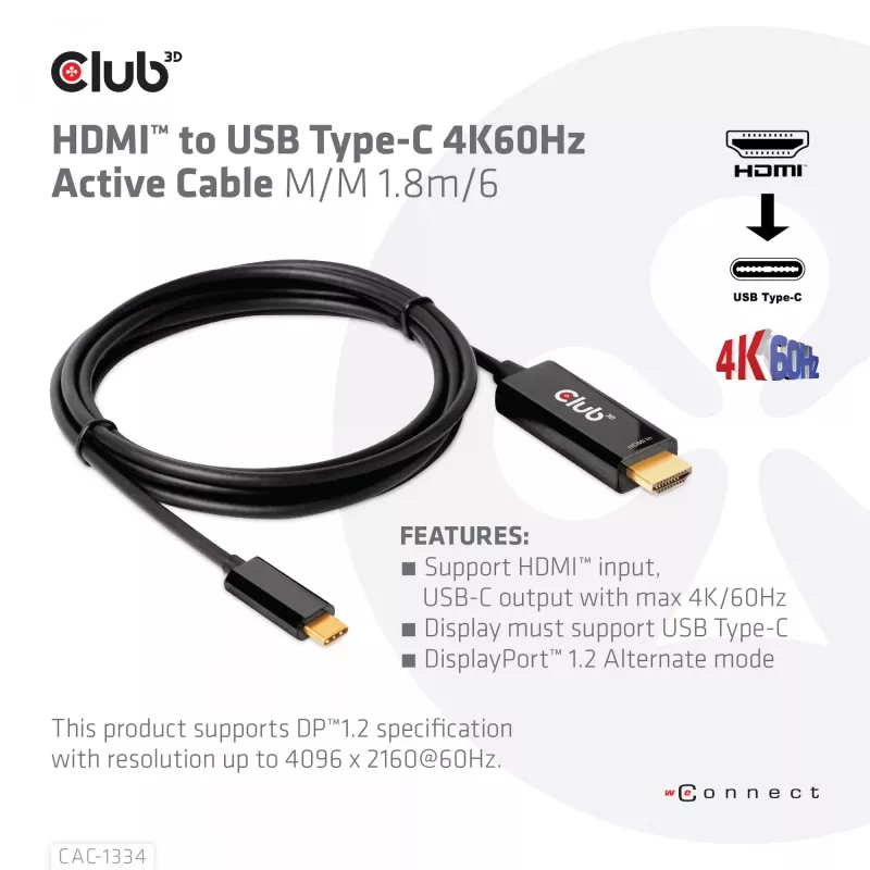 CLUB3D HDMI į USB Type-C 4K60Hz aktyvus kabelis V/V 1,8m