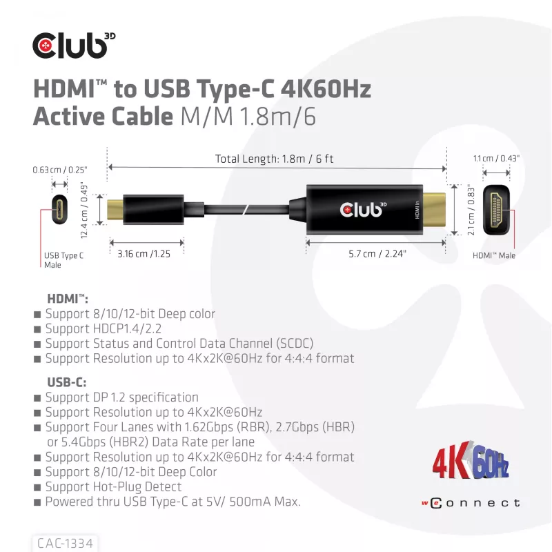 CLUB3D HDMI į USB Type-C 4K60Hz aktyvus kabelis V/V 1,8m