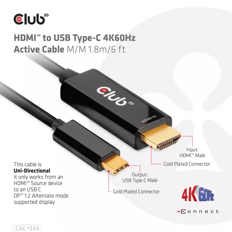 CLUB3D HDMI į USB Type-C 4K60Hz aktyvus kabelis V/V 1,8m