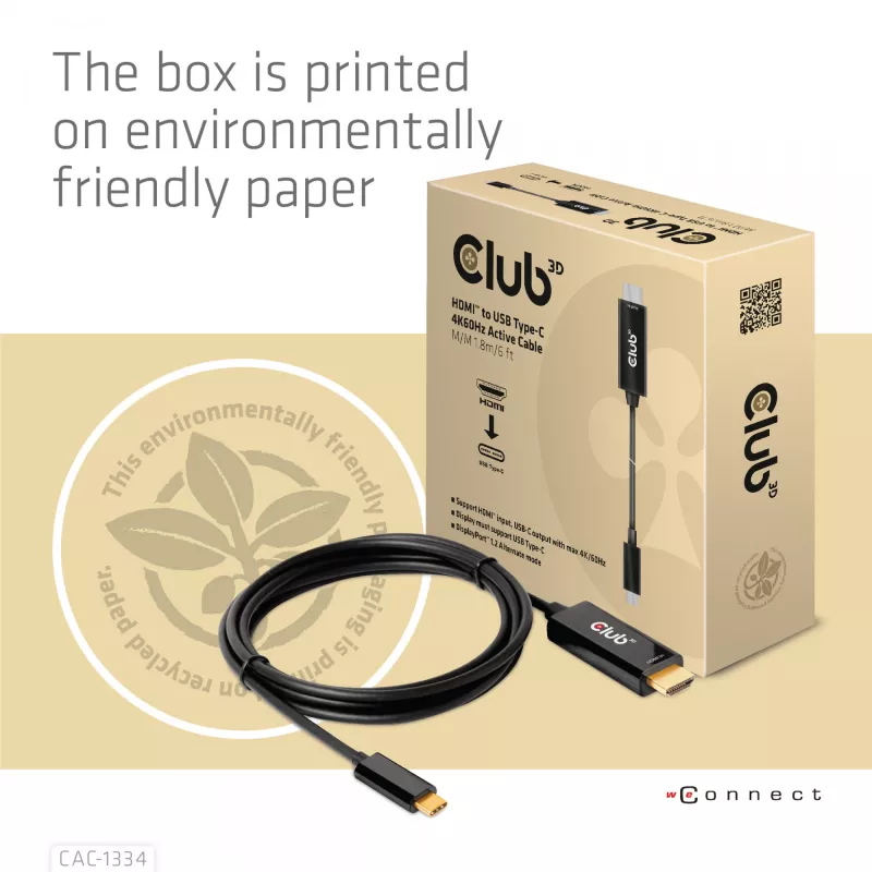 CLUB3D HDMI į USB Type-C 4K60Hz aktyvus kabelis V/V 1,8m