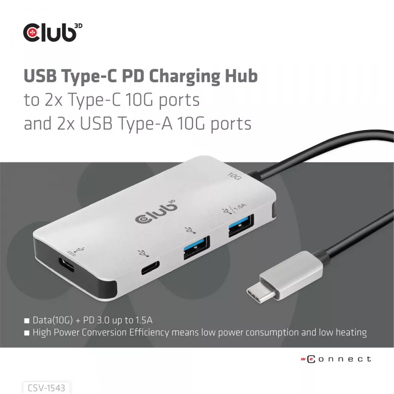 CLUB3D USB Gen2 Type-C PD įkrovimo šakotuvas su 2x Type-C 10G prievadais ir 2x USB Type-A 10G prievadais