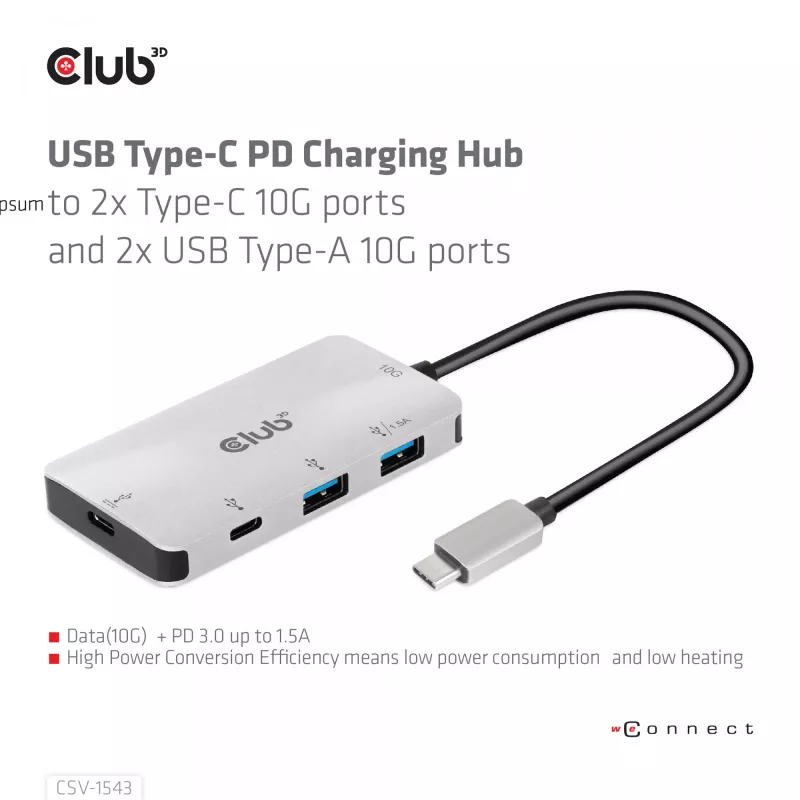 CLUB3D USB Gen2 Type-C PD įkrovimo šakotuvas su 2x Type-C 10G prievadais ir 2x USB Type-A 10G prievadais