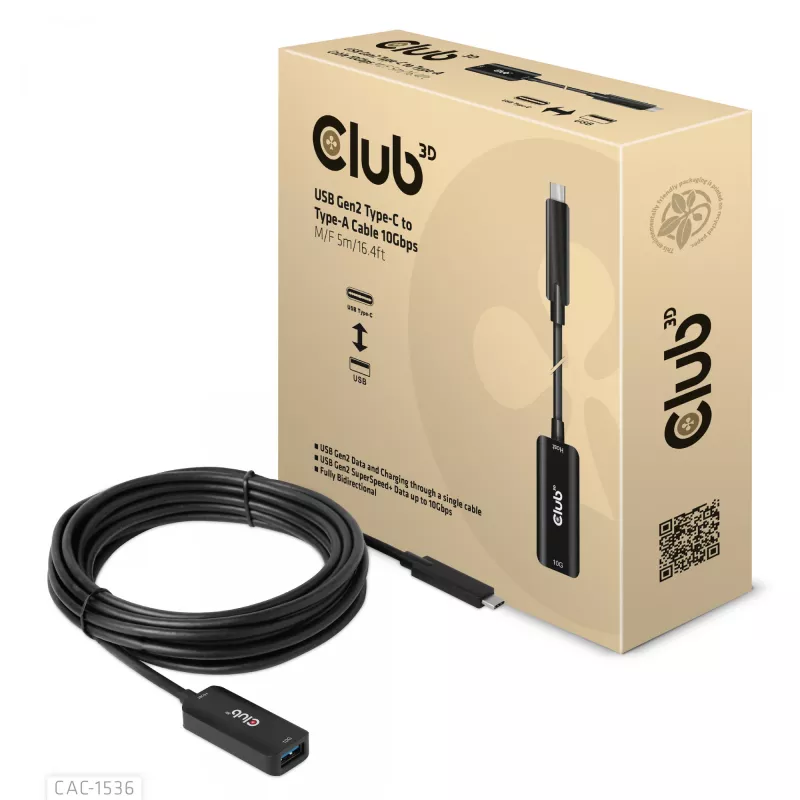 CLUB3D USB Gen2 Type-C į Type-A kabelis 10Gbps M/F 5m/16.4ft