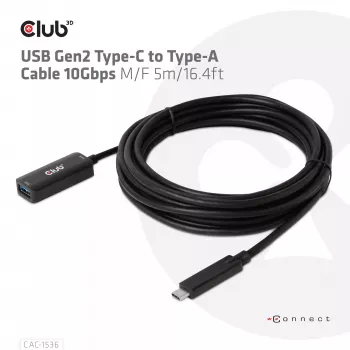 CLUB3D USB Gen2 Type-C į Type-A kabelis 10Gbps M/F 5m/16.4ft