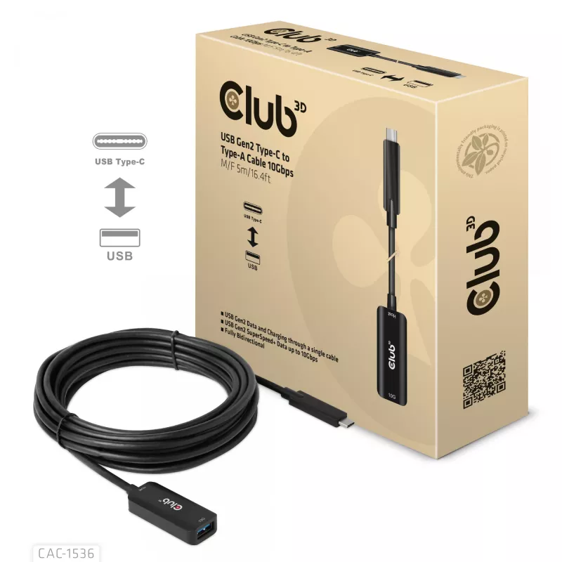 CLUB3D USB Gen2 Type-C į Type-A kabelis 10Gbps M/F 5m/16.4ft
