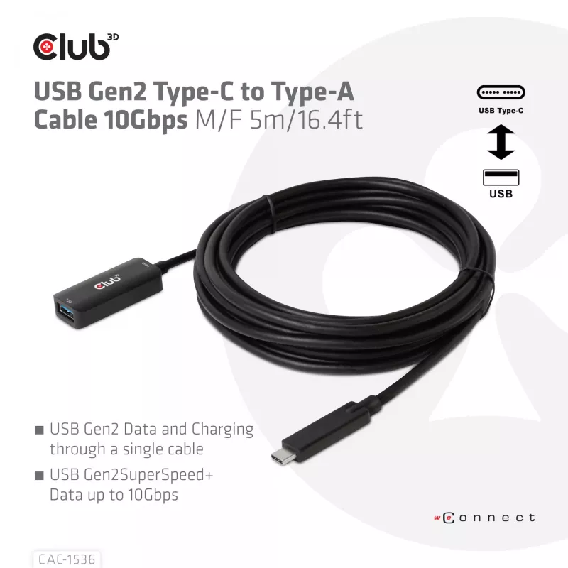 CLUB3D USB Gen2 Type-C į Type-A kabelis 10Gbps M/F 5m/16.4ft