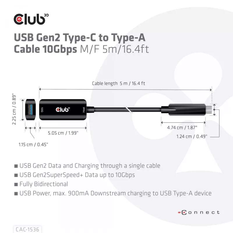 CLUB3D USB Gen2 Type-C į Type-A kabelis 10Gbps M/F 5m/16.4ft