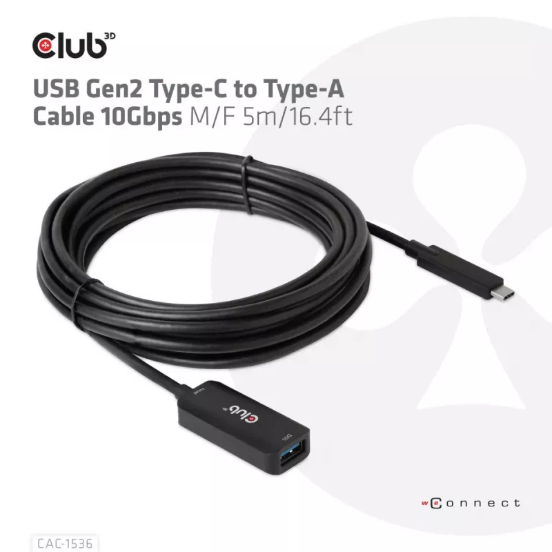 CLUB3D USB Gen2 Type-C į Type-A kabelis 10Gbps M/F 5m/16.4ft