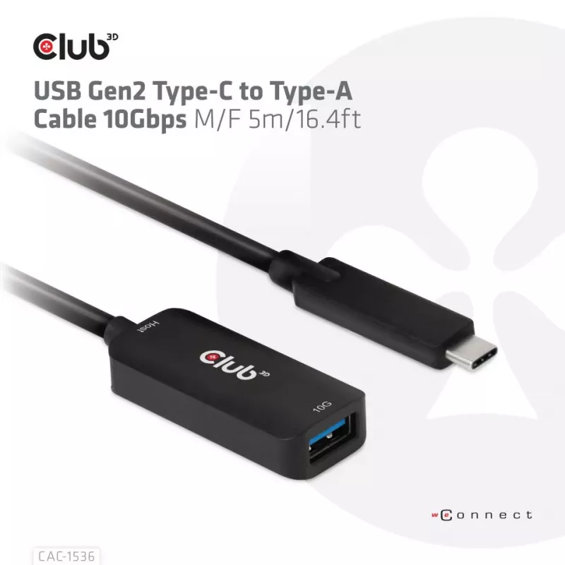 CLUB3D USB Gen2 Type-C į Type-A kabelis 10Gbps M/F 5m/16.4ft