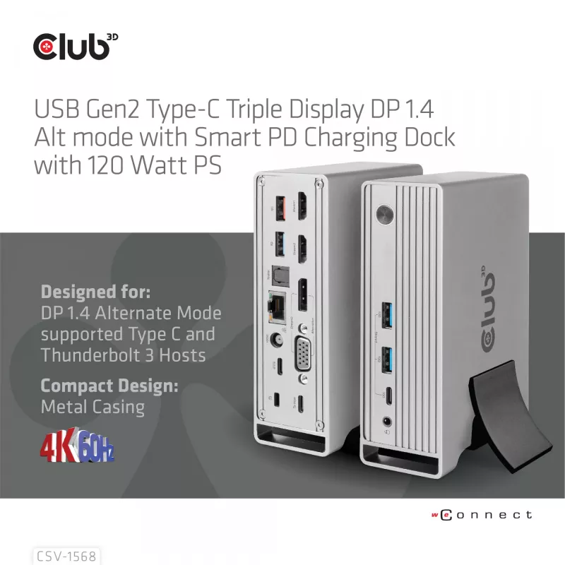 Docking stotelė CLUB3D CSV-1568 metaliniu korpusu, USB Gen2 Type-C, USB Gen2 Type-A, HDMI, DP, VGA, RJ45, 120W