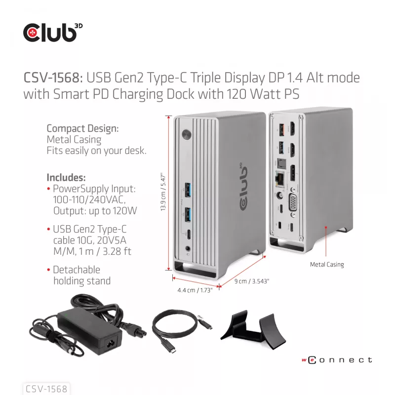 Docking stotelė CLUB3D CSV-1568 metaliniu korpusu, USB Gen2 Type-C, USB Gen2 Type-A, HDMI, DP, VGA, RJ45, 120W