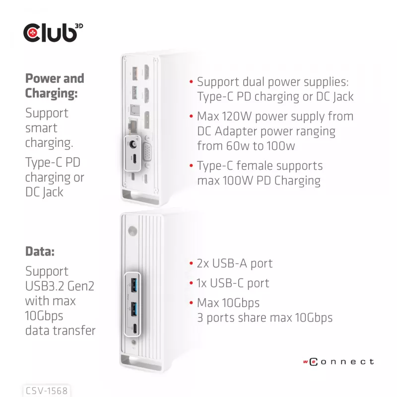 Docking stotelė CLUB3D CSV-1568 metaliniu korpusu, USB Gen2 Type-C, USB Gen2 Type-A, HDMI, DP, VGA, RJ45, 120W
