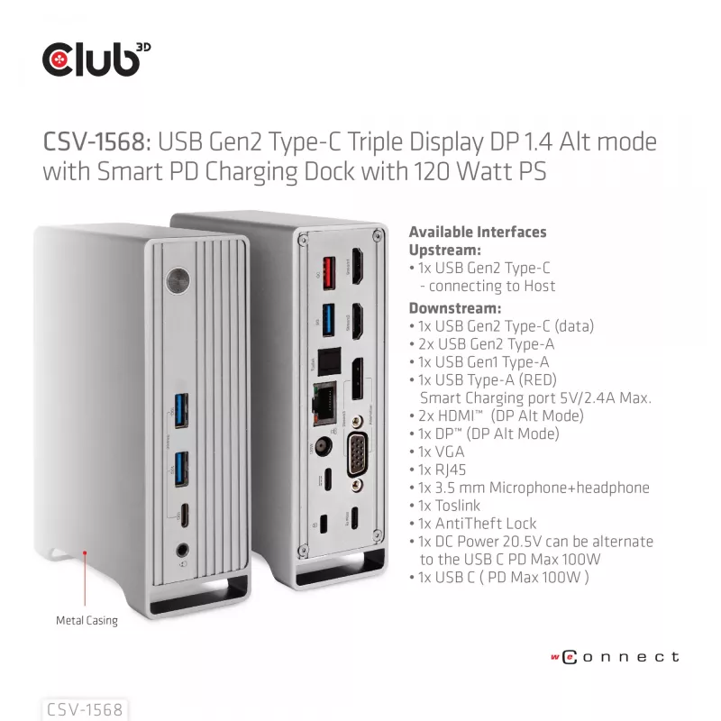 Docking stotelė CLUB3D CSV-1568 metaliniu korpusu, USB Gen2 Type-C, USB Gen2 Type-A, HDMI, DP, VGA, RJ45, 120W