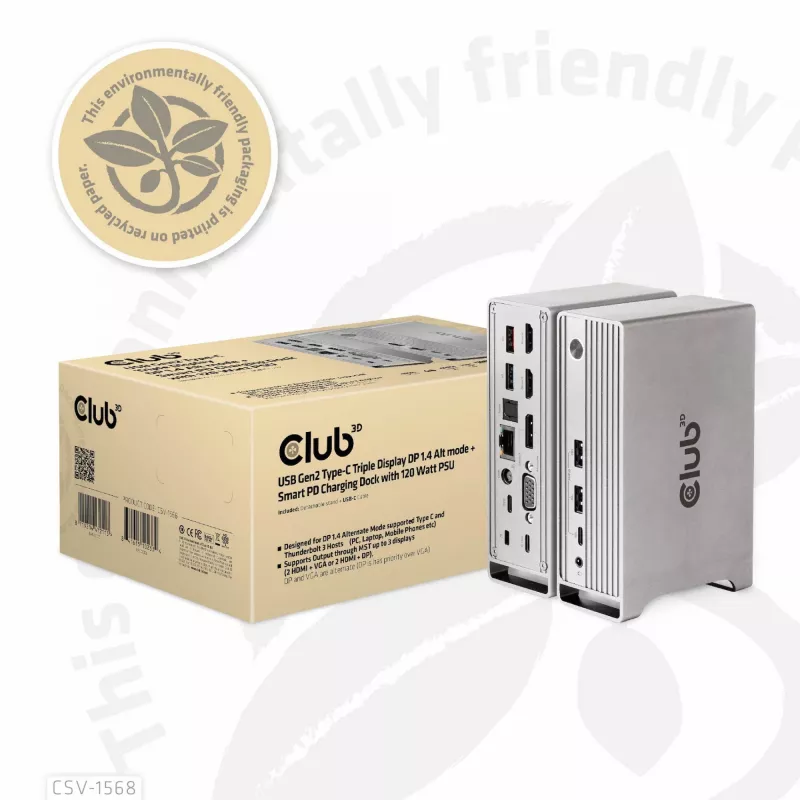 Docking stotelė CLUB3D CSV-1568 metaliniu korpusu, USB Gen2 Type-C, USB Gen2 Type-A, HDMI, DP, VGA, RJ45, 120W