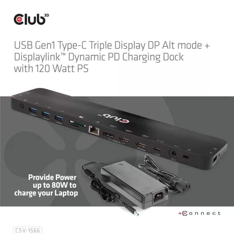 CLUB3D USB Gen1 Type-C Triple Display DP Alt mode Displaylink dinaminis PD įkrovimo dokas su 120 W maitinimo šaltiniu