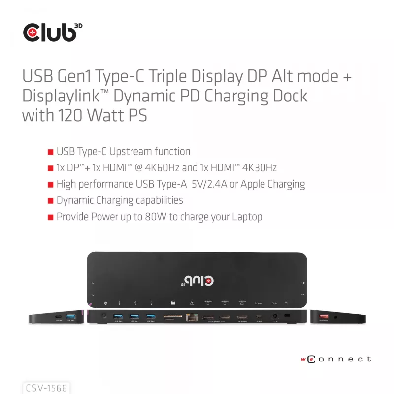 CLUB3D USB Gen1 Type-C Triple Display DP Alt mode Displaylink dinaminis PD įkrovimo dokas su 120 W maitinimo šaltiniu