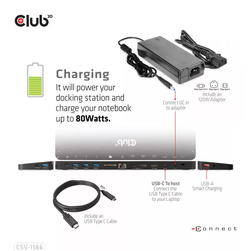 CLUB3D USB Gen1 Type-C Triple Display DP Alt mode Displaylink dinaminis PD įkrovimo dokas su 120 W maitinimo šaltiniu