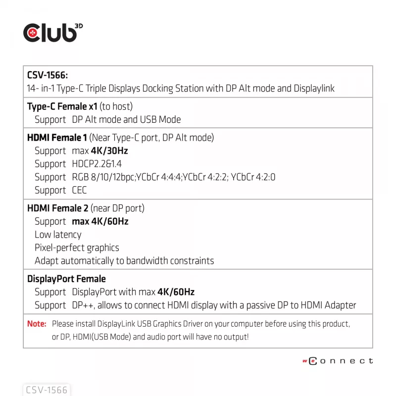 CLUB3D USB Gen1 Type-C Triple Display DP Alt mode Displaylink dinaminis PD įkrovimo dokas su 120 W maitinimo šaltiniu