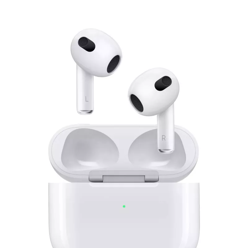 “Apple” “AirPods” 3 kartos + “MagSafe” įkrovimo dėklas Skambučiai/Muzika “Bluetooth” Balti